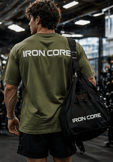 Back view of an Ironcore olive training T-shirt